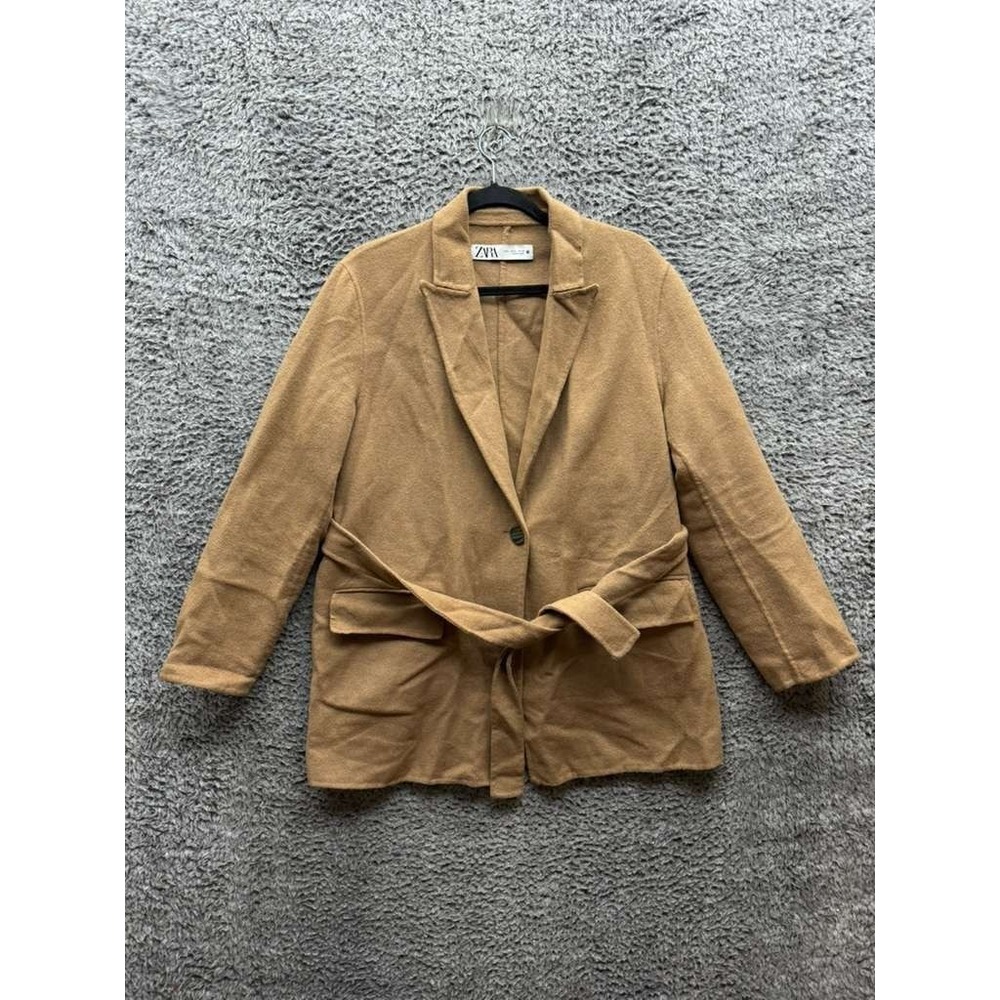 Zara Wool-Blend One-Button Short Belted Coat Camel Brown Womens Size S